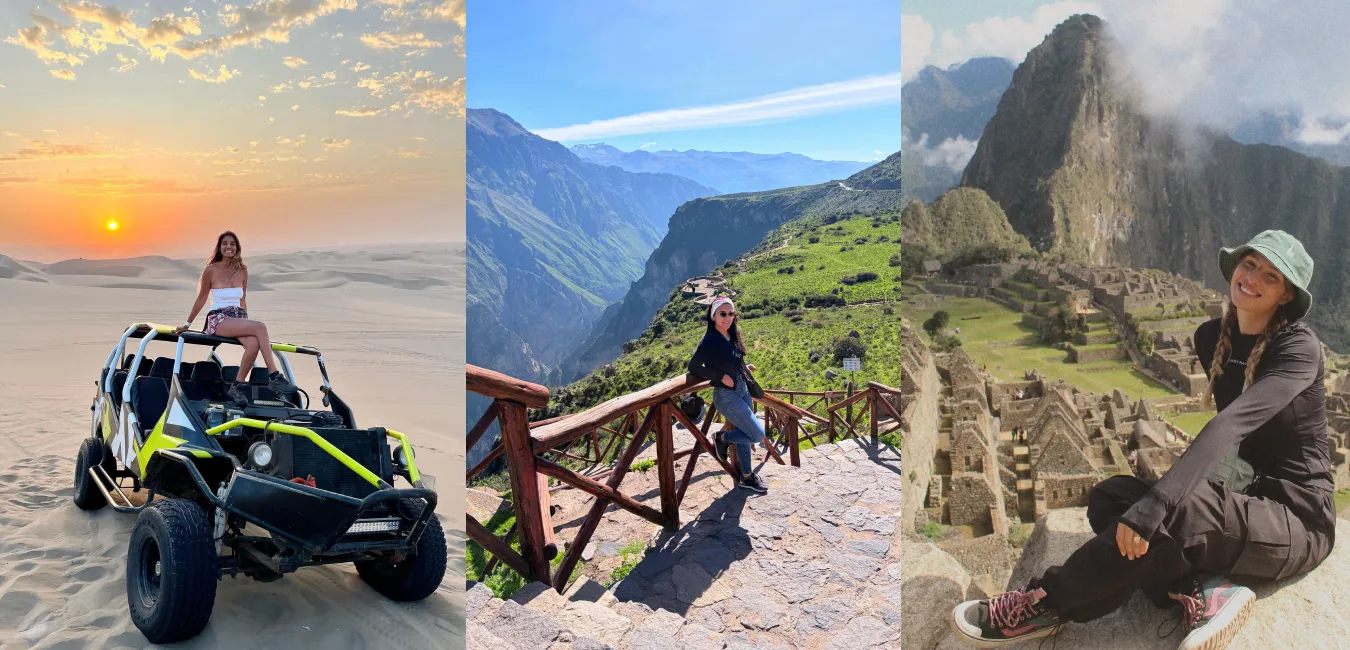 Viajeros recorriendo Huacachina, el Cañón del Colca y Machu Picchu durante un itinerario por Perú de 5 días a 3 semanas, una ruta ideal para conocer los principales destinos turísticos del país.