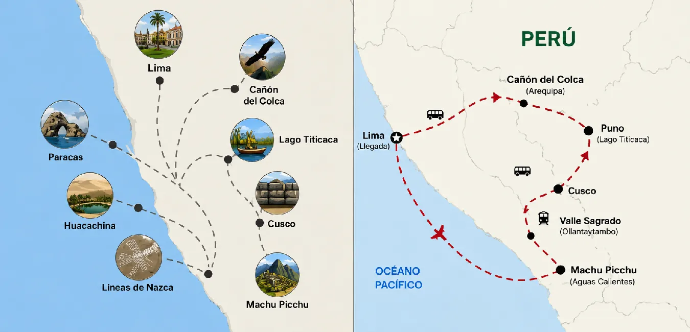 Mapa del Itinerario por Perú de 5 Días a 3 Semanas con Machu Picchu, Colca y Titicaca