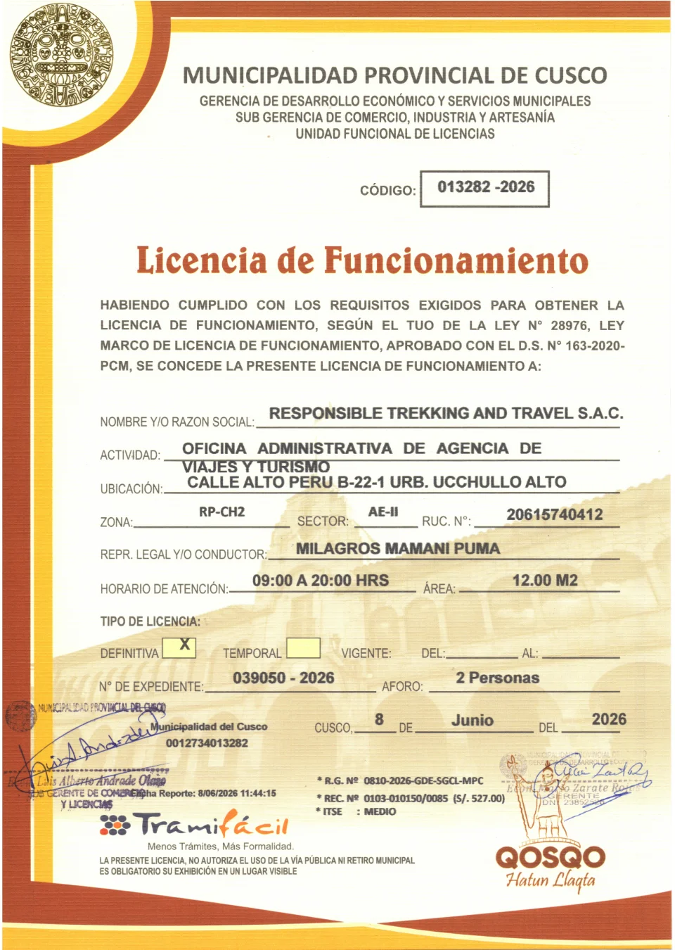 Licence Municipalidad del Cusco, Responsible Trekking & Travel