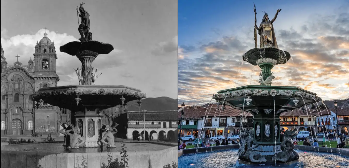 Old and current fountain in Cusco's Plaza de Armas