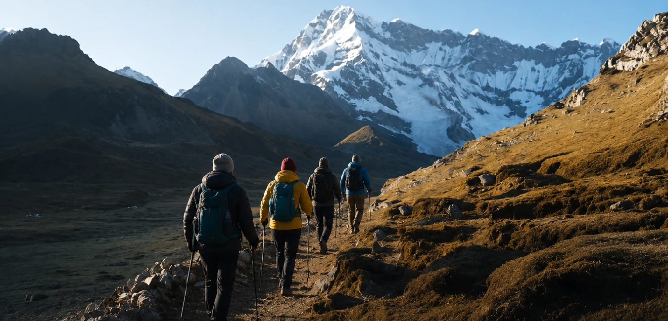Hikers trekking along a mountain trail in the Peruvian Andes with a snow-capped peak in the background.