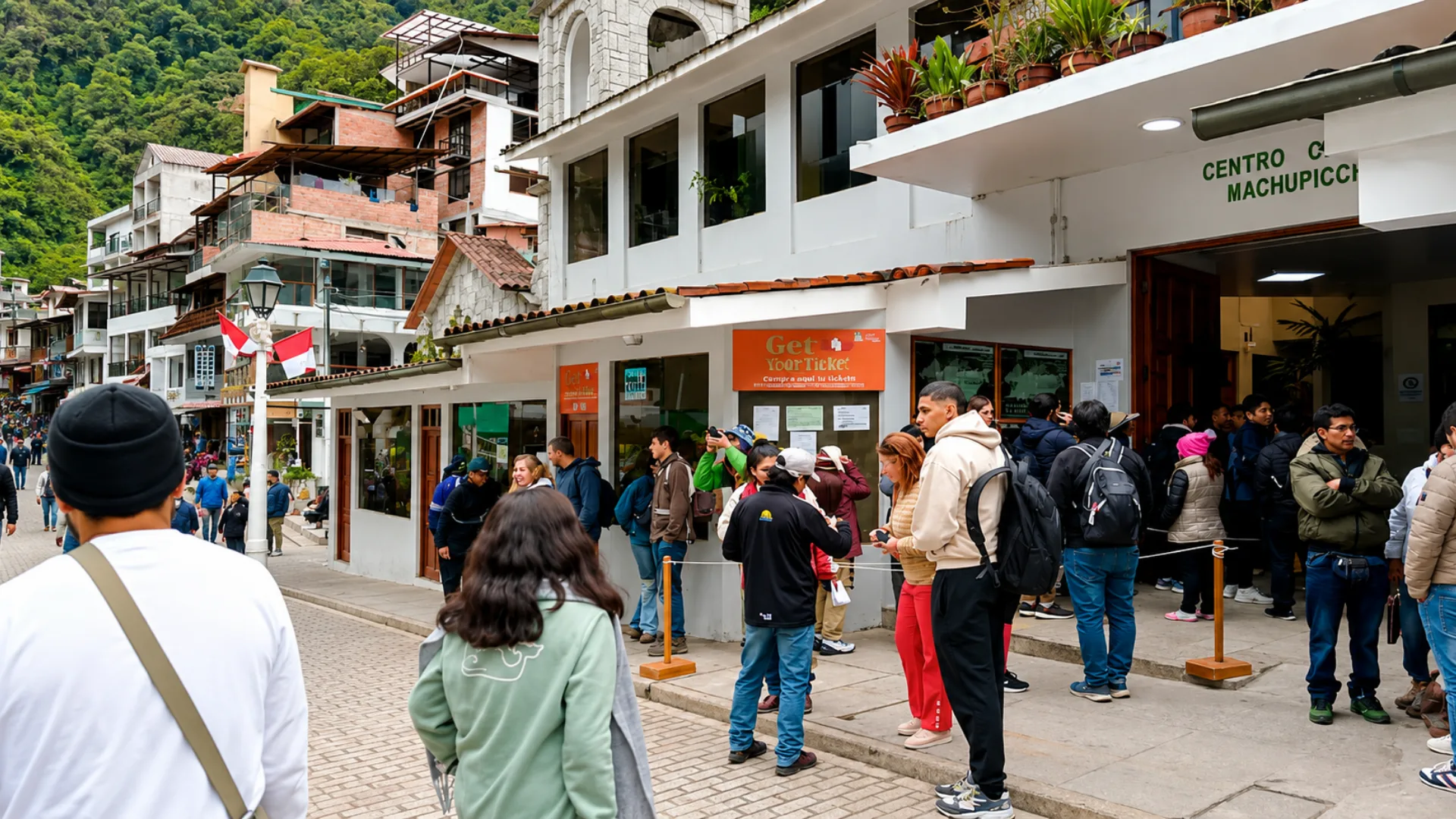 Machu Picchu Pueblo ticket queue tourists