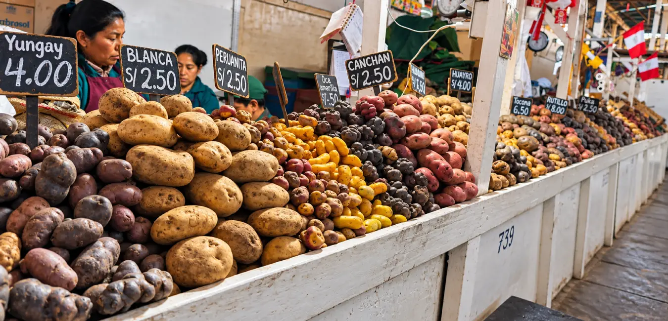 Variety of Andean potatoes at the San Pedro Market in Cusco.