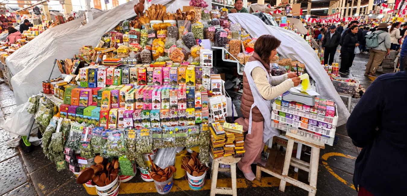 Sale of chocolates and sweets from Cusco at the San Pedro Market in Cusco.