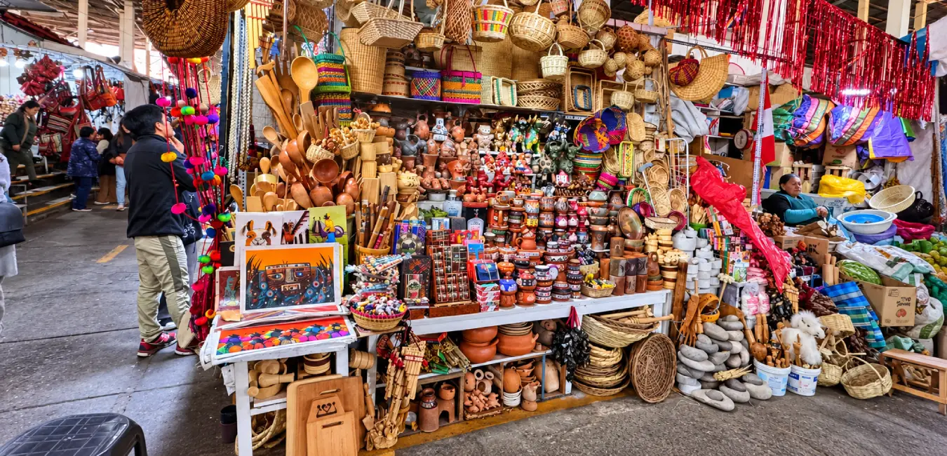 Sale of handicrafts inside the San Pedro Market in Cusco.
