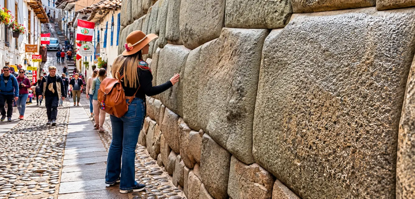 a female traveler admiring the twelve angled stone
