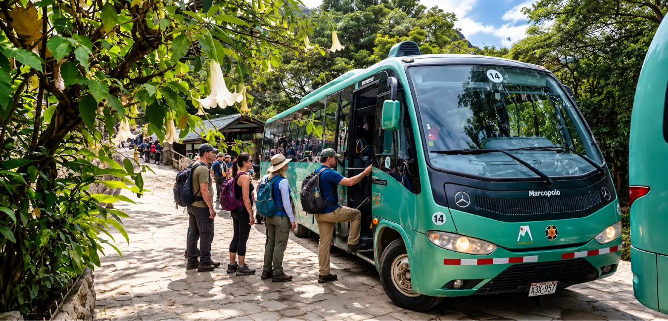 tourists boarding a bus at Machu Picchu