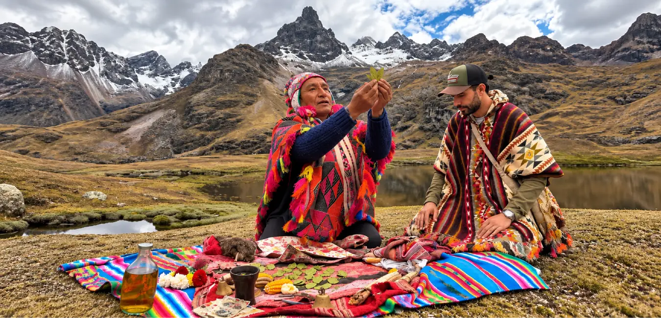 A tourist in the middle of a Pachamama ceremony.