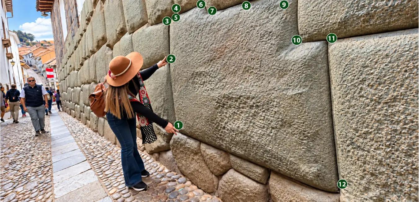 Mujer contando los 12 ángulos de la piedra