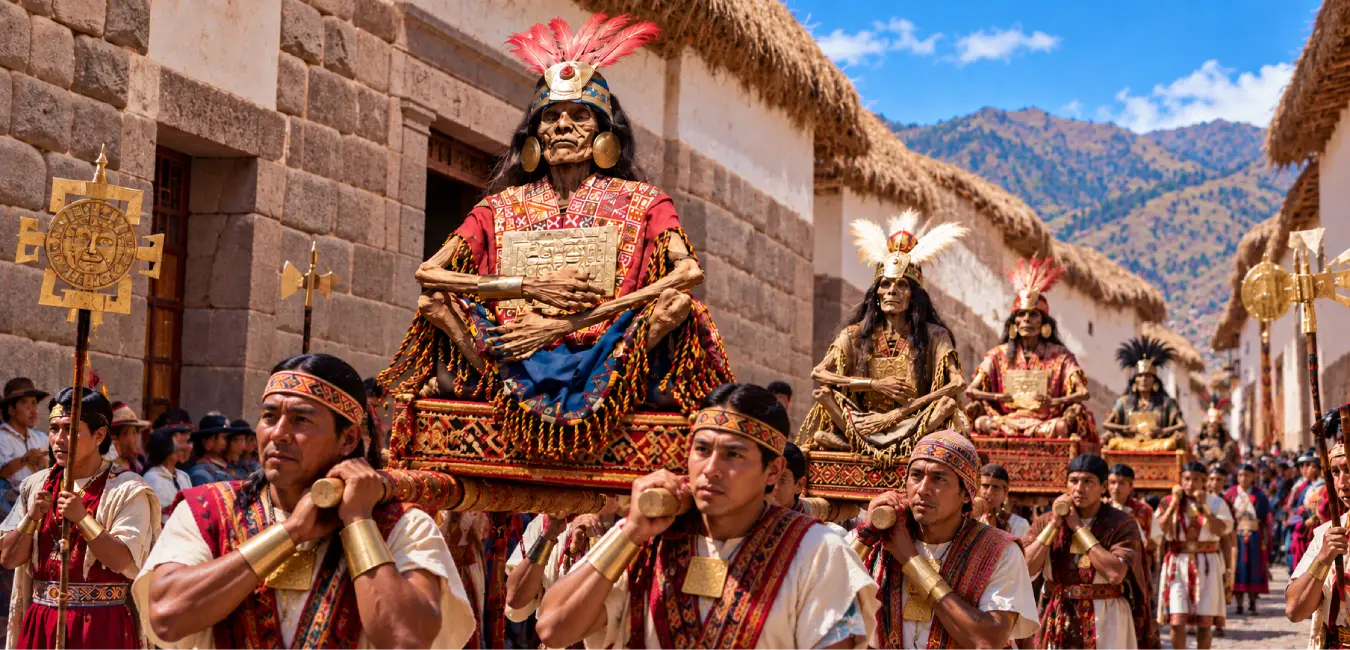 Momias incas llevadas en procesión durante las celebraciones dedicadas a los muertos.
