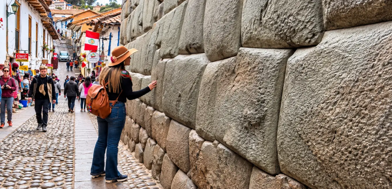 Tourist discovering the stone of twelve angles.