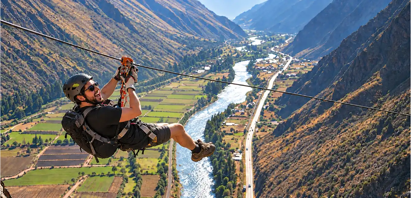 Turista realizando tirolesa en el Valle Sagrado