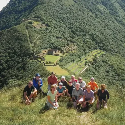 Group of hikers trekking along the route to Choquequirao in Cusco, Peru