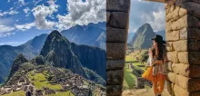 Traveler enjoying the stunning panoramic view of Machu Picchu surrounded by the Andes Mountains